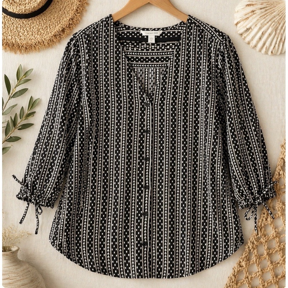 Garnet Hill XL Organic Cotton Boho Peasant Blouse Black White Print Tie Sleeve